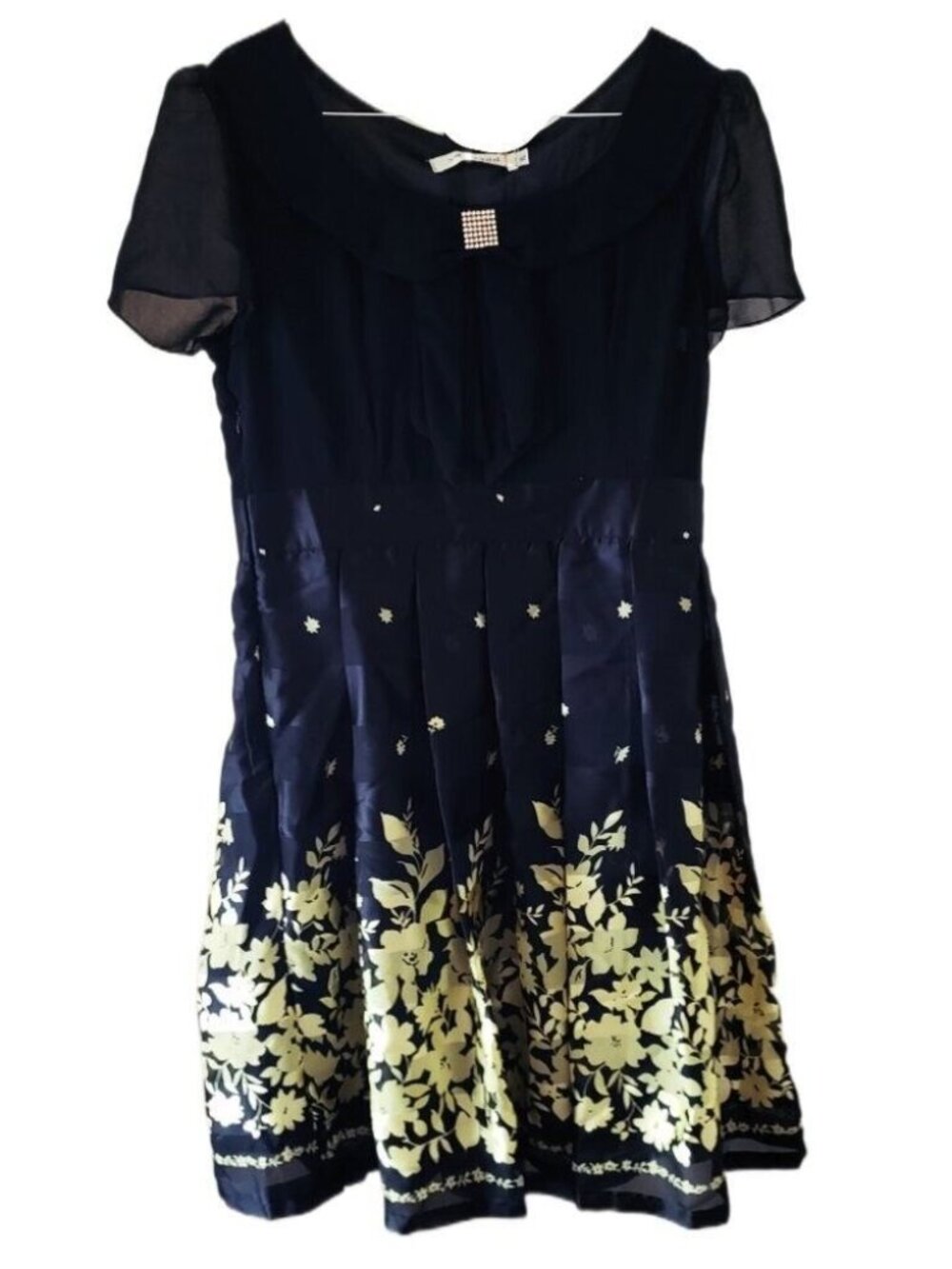 New Floral Patterned Flared Black Chiffon Dress